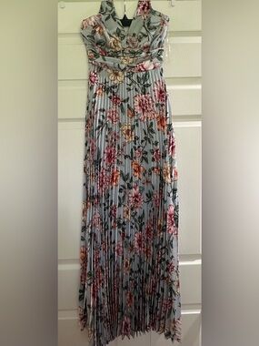 Jessica Simpson Light Blue Pleated Maxi Dress with Pink & Yellow Floral Print